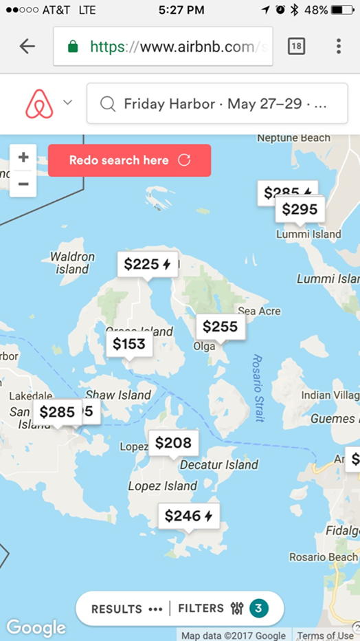 Airbnb web — prices shown directly on map pins
