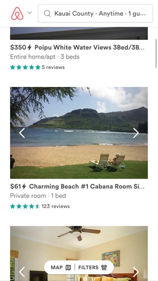 Airbnb mobile app — inline photo gallery on search results
