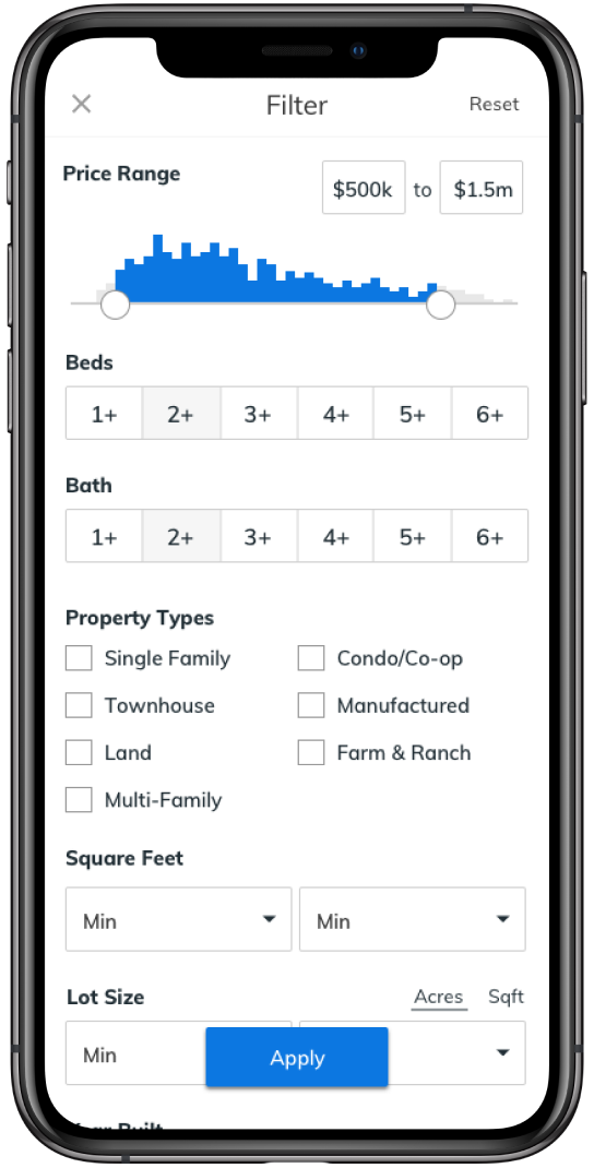 Filter panel with price histogram, beds, bath, property type — no keyboard required