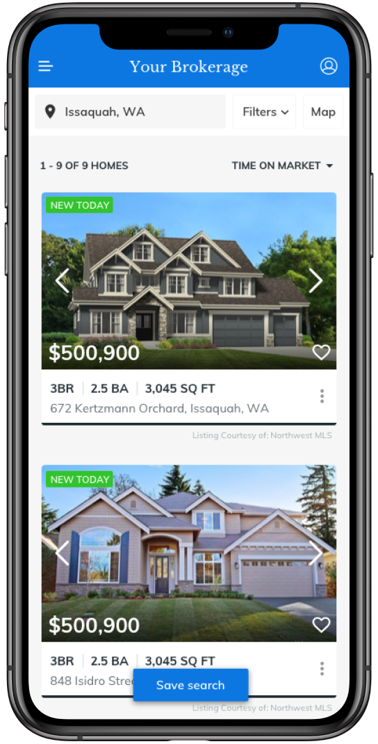 List view with inline photo gallery and listing details
