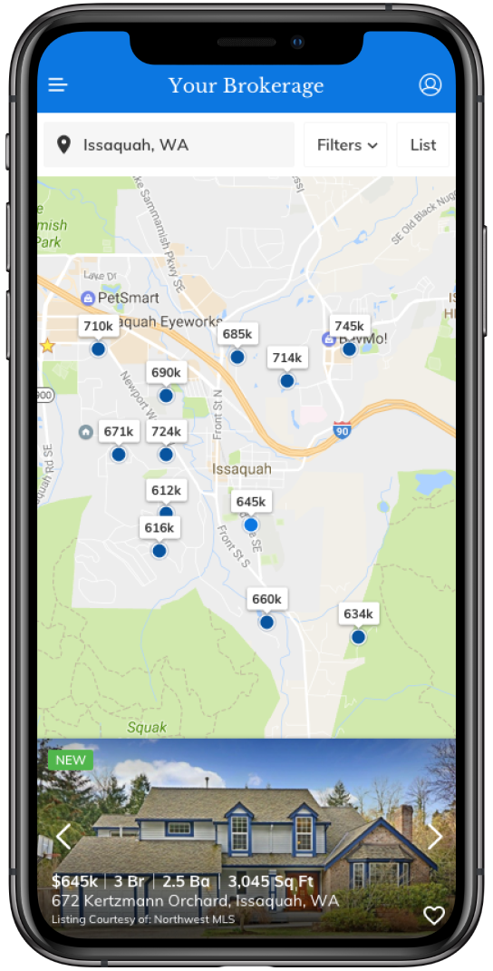 Map view with price bubbles on listing pins