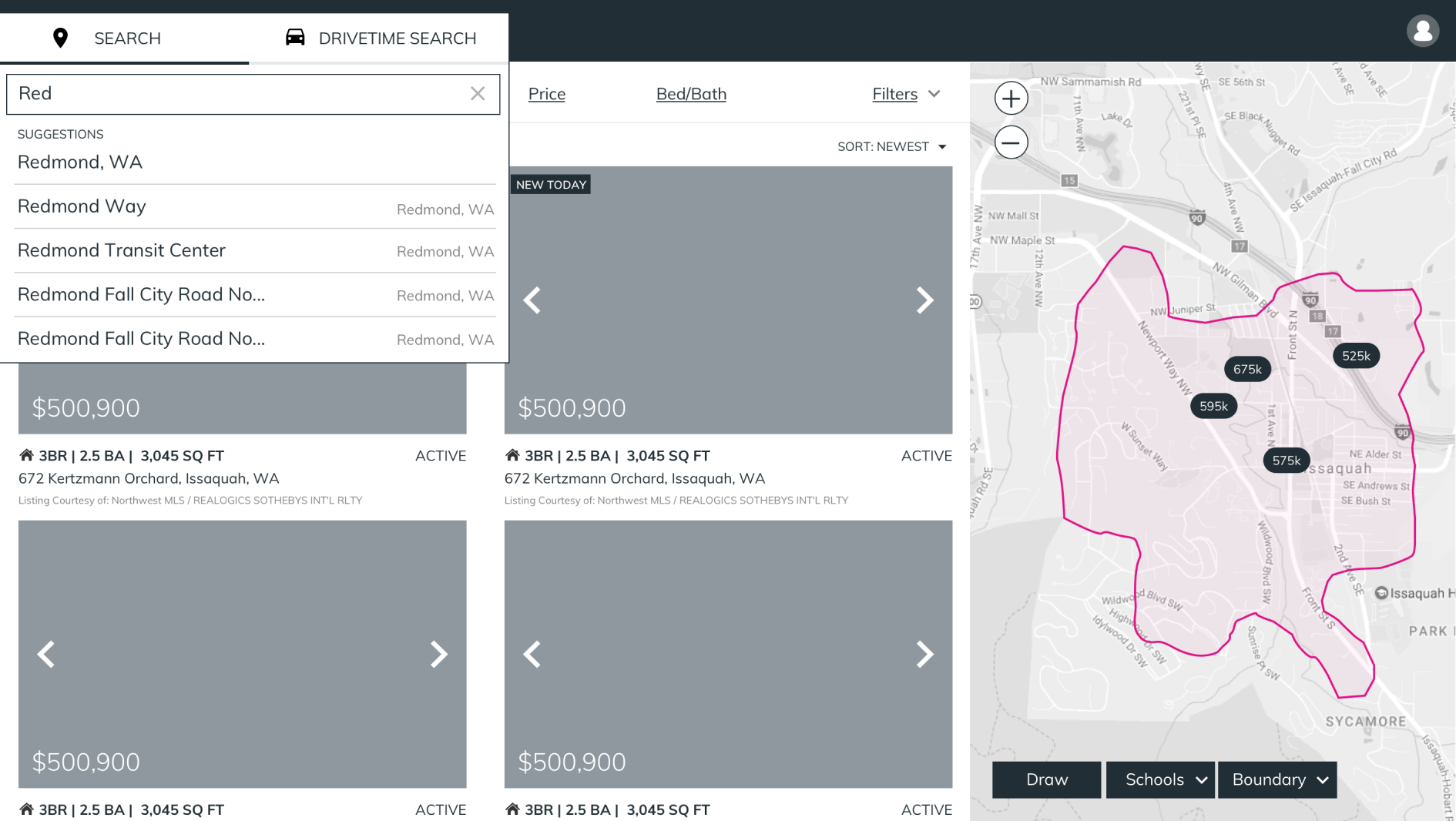 DriveTime search design — tab prominently surfaced alongside standard location search, with map boundary drawing
