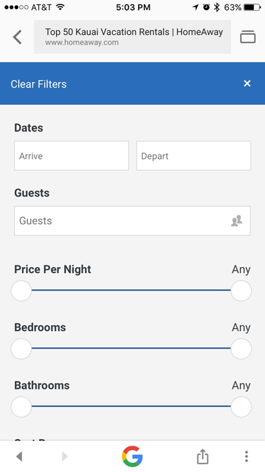 HomeAway web — sliders for quick filter adjustments
