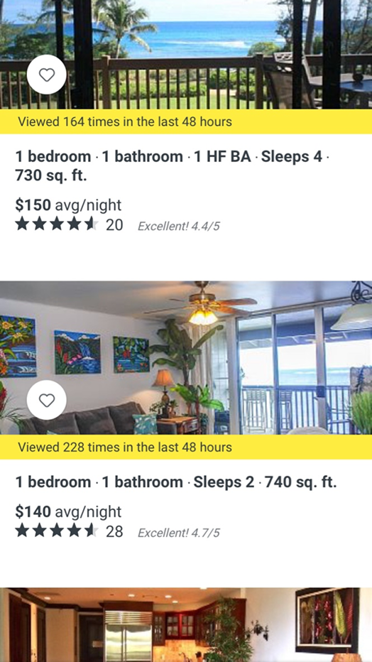 HomeAway mobile app — quick favorite from results list
