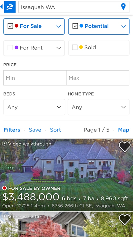 Zillow mobile app — listing card info overlaid on photo